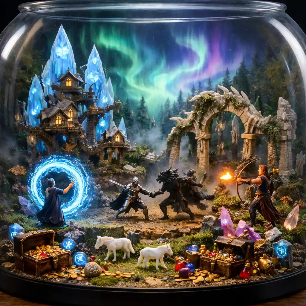 Miniature fantasy diorama of crystal towers and treehouses