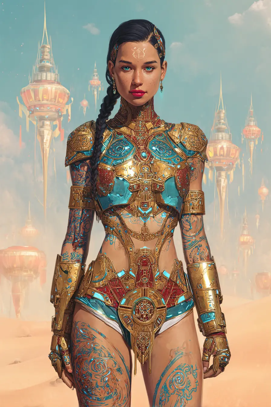 Arabian sci fi warrior woman under twin moons