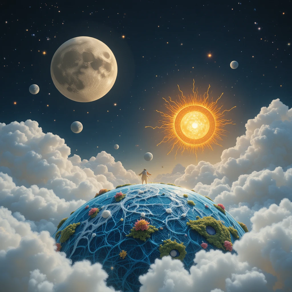 Visión textil onírica de la luna, el sol y la Tierra juntos