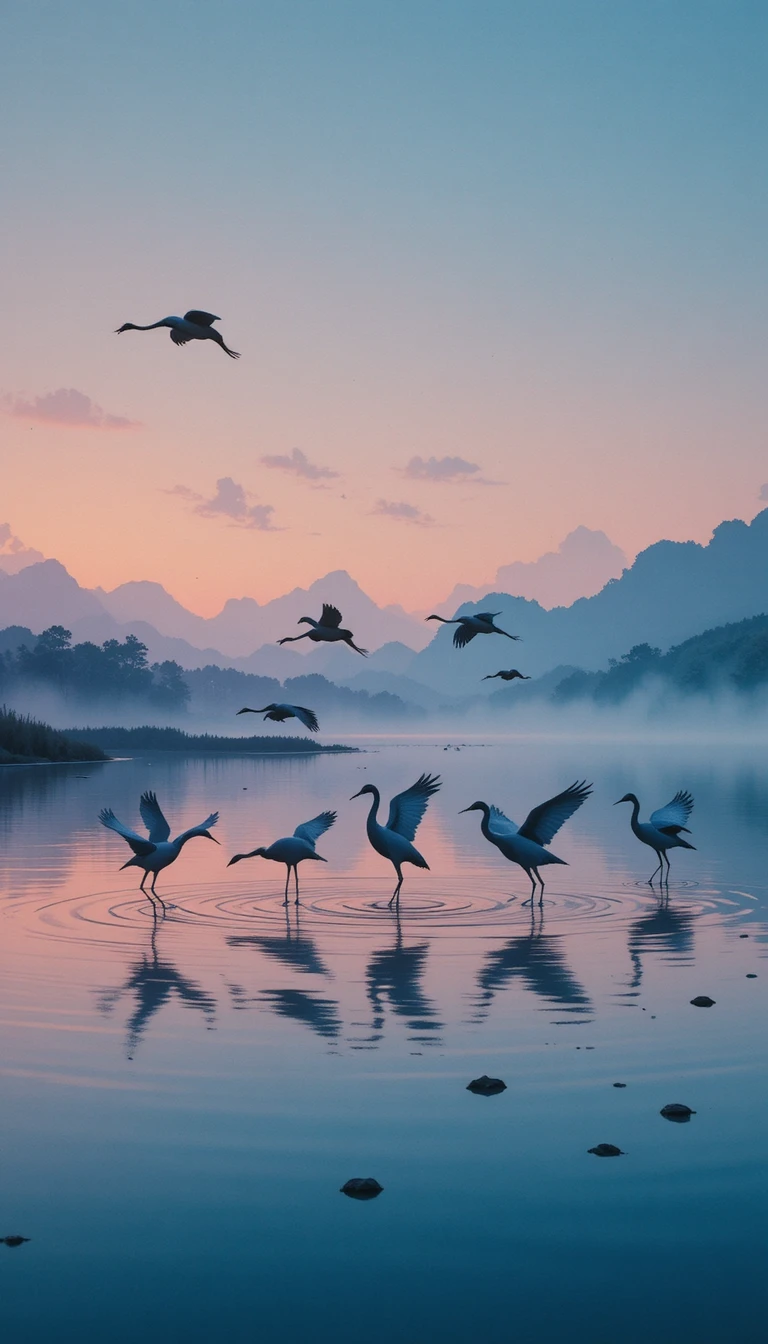 Grullas elegantes deslizándose sobre un estanque tranquilo al atardecer
