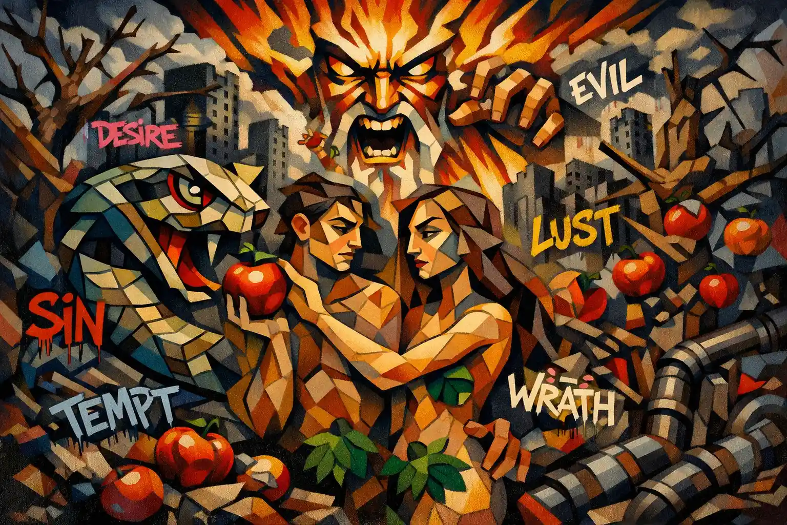 Surreal Adam And Eve With Graffiti In A Ruined City