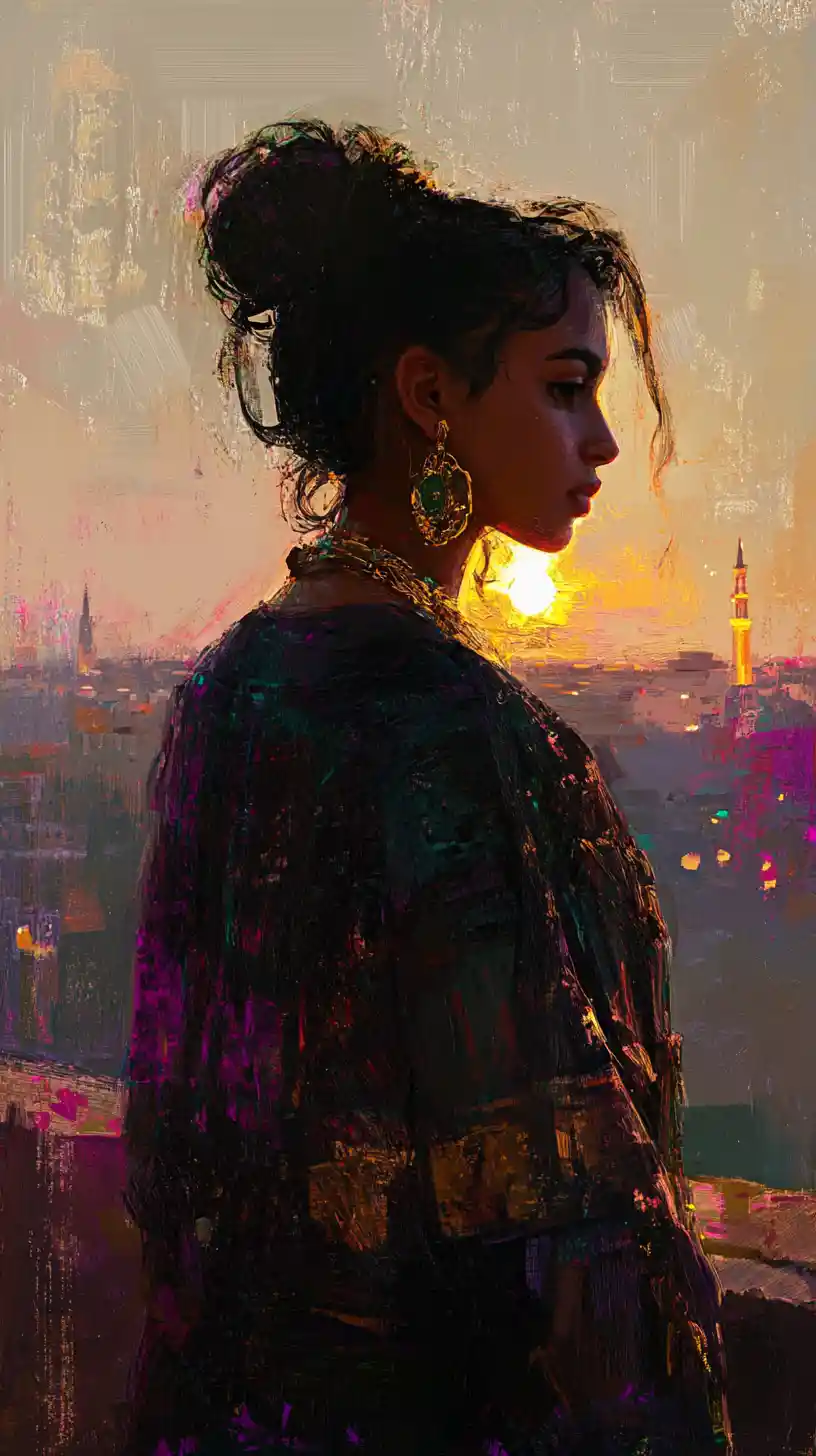 Algerian woman in black karakou at sunset over the city