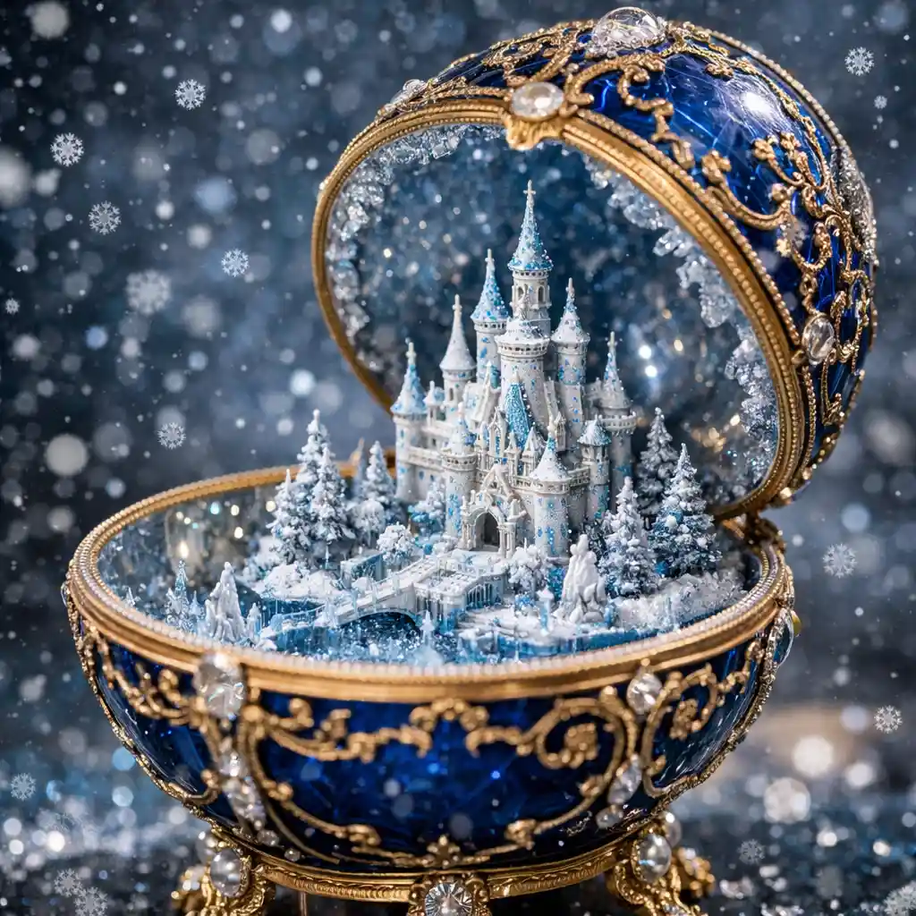 Œuf style Fabergé avec mini château de neige à l'intérieur