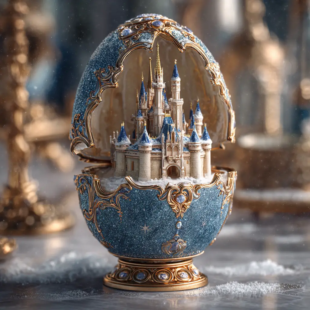 Huevo Fabergé con miniatura de castillo nevado y cristales centelleantes