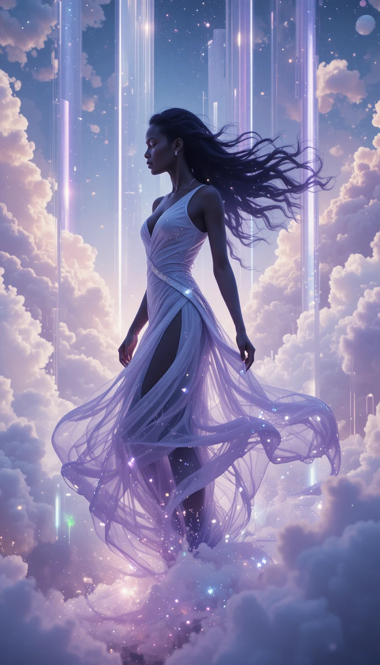 Afrofuturistic woman in ethereal cosmic technology landscape
