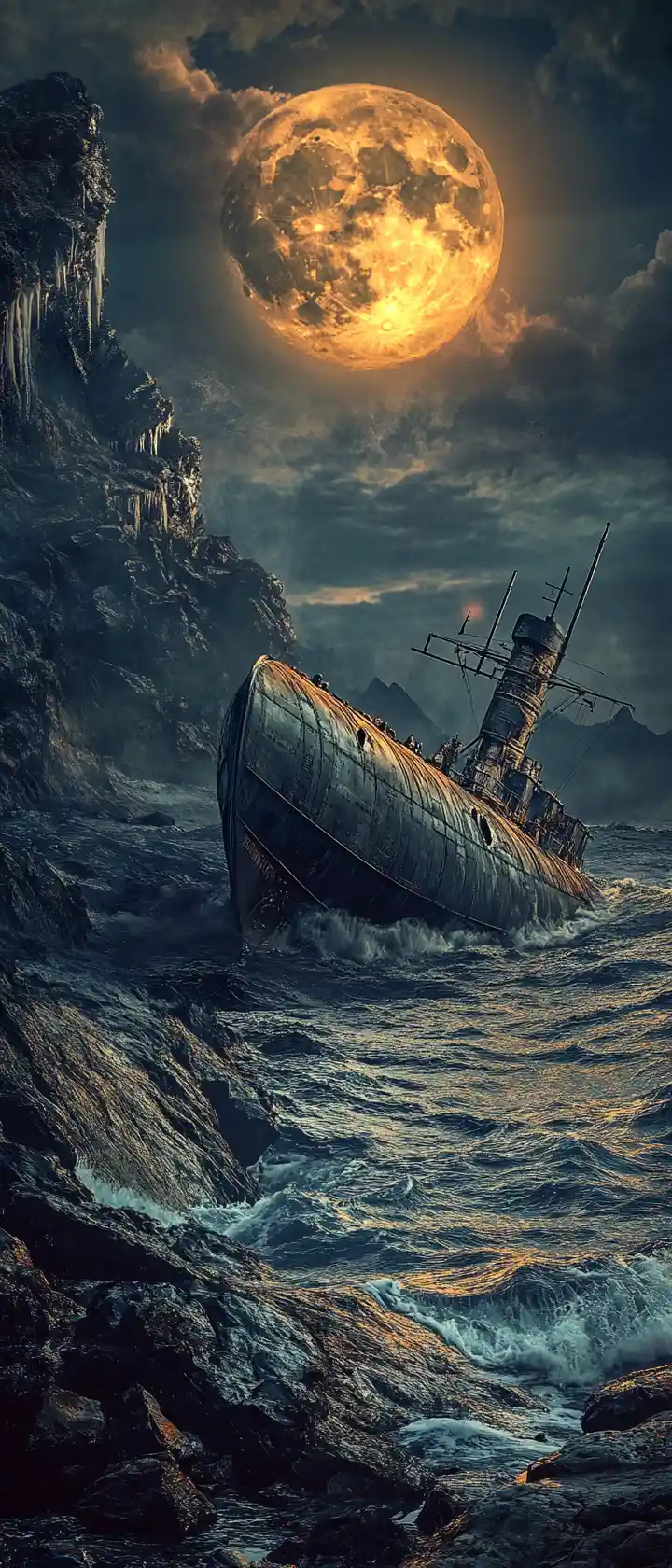Steampunk submarine stranded on a moonlit rocky shoreline