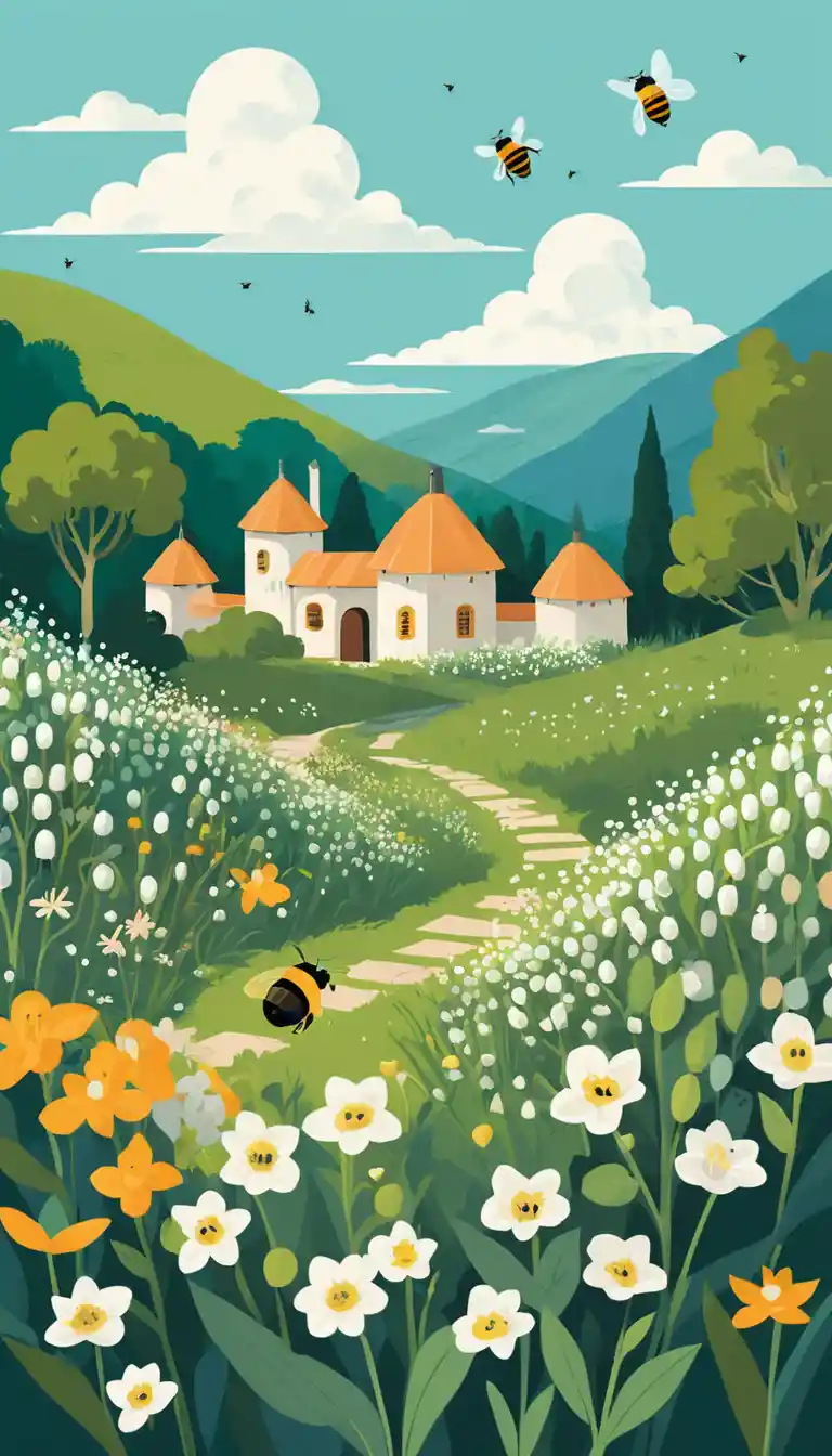 Flat illustration of wildflowers and beehives in a garden