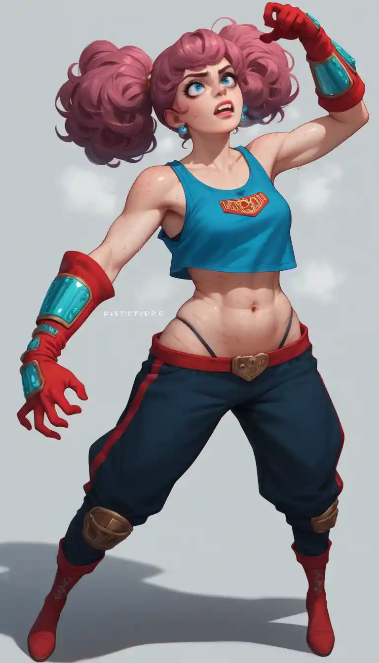Distressed anime woman in fantasy outfit performing a split