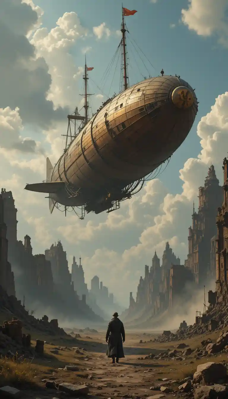 Airship drifting past colossal ruins in a desolate sky