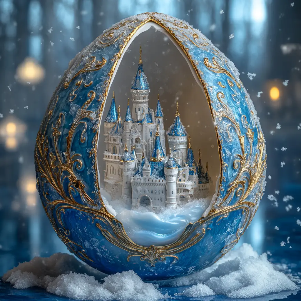 Huevo al estilo Fabergé que revela un castillo de nieve en miniatura