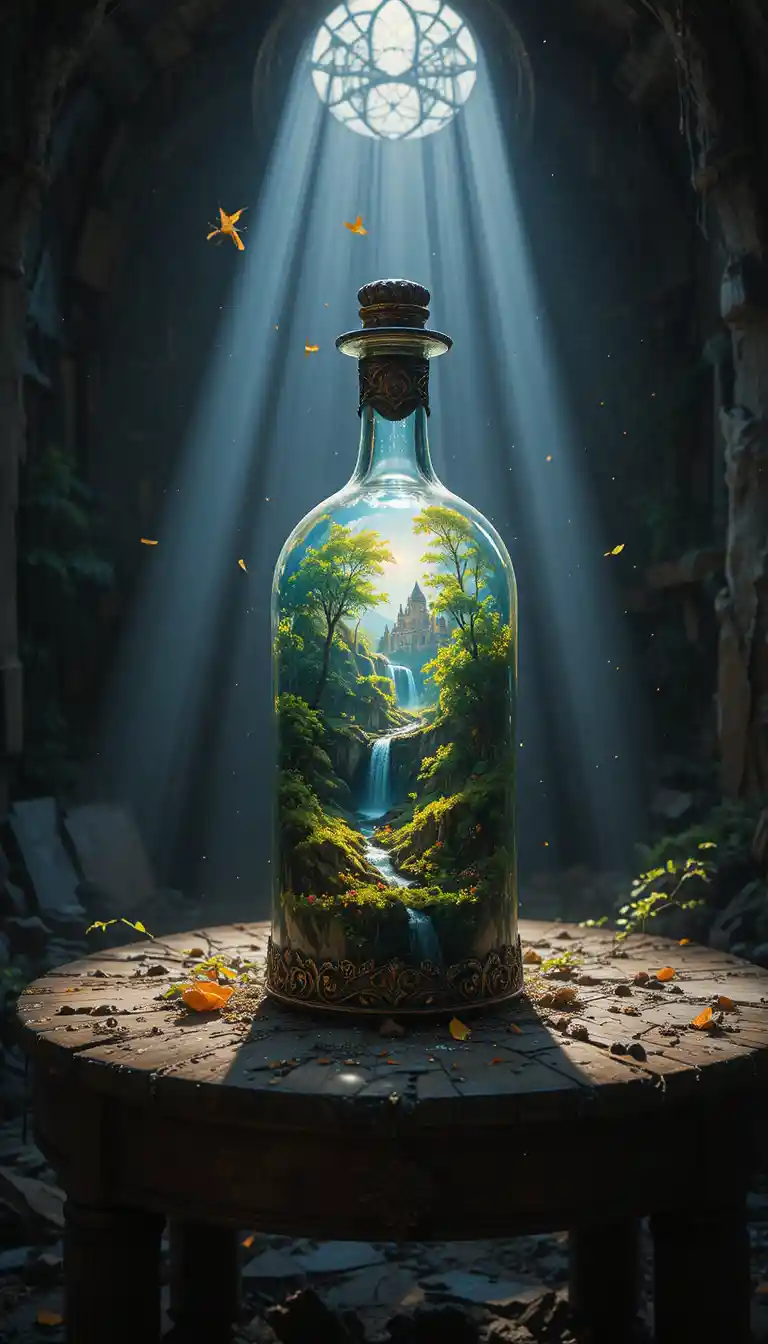 Mundo de fantasía brillante dentro de una botella de vidrio antigua en el ático