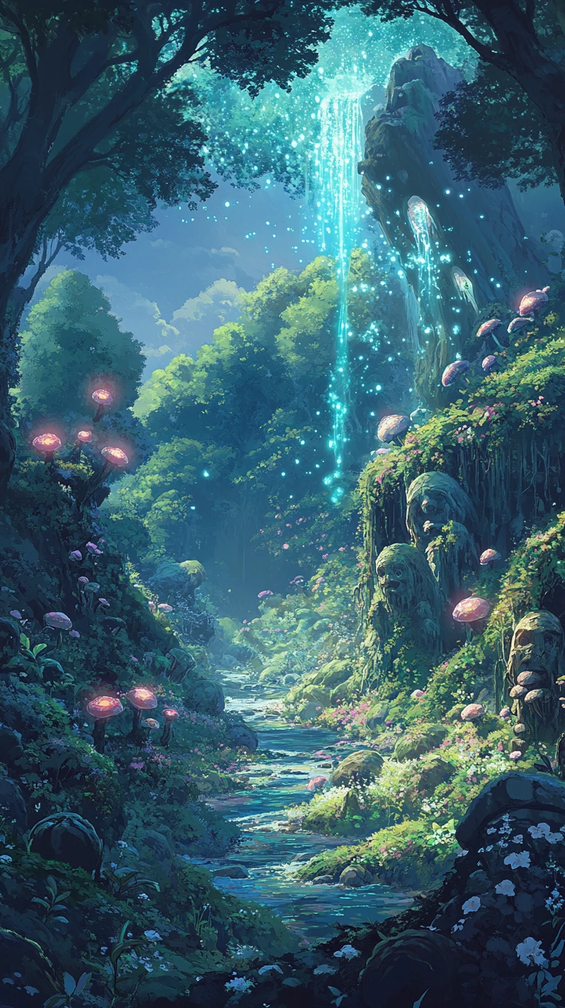 Vallée panoramique de forêt enchantée avec esprits lumineux