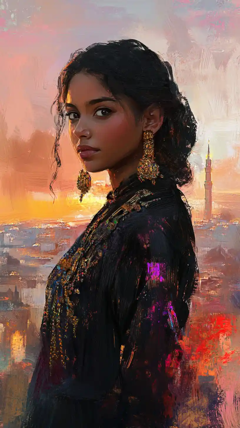 Mulher argelina de karakou preto ao pôr do sol sobre Argel