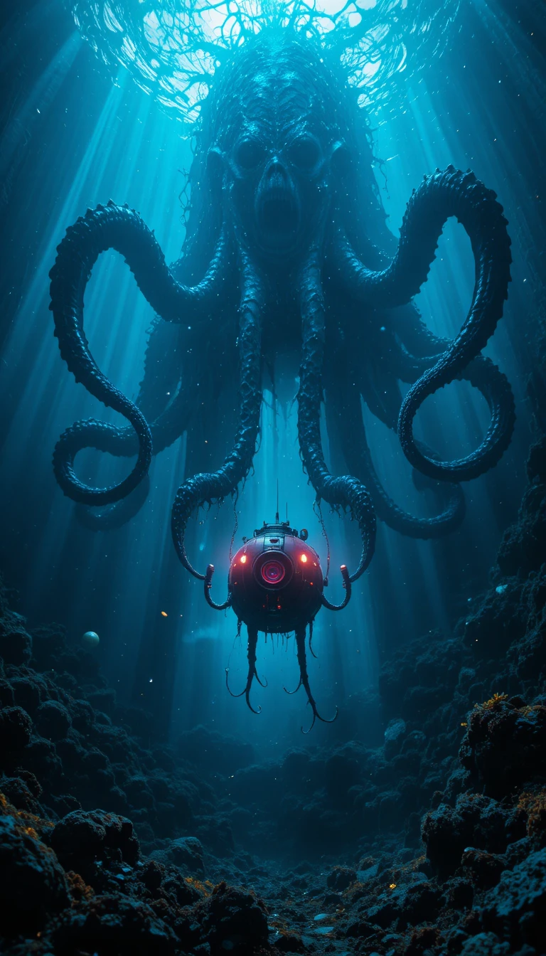 Gigantesco monstruo marino bioluminiscente atacando a un submarino rojo