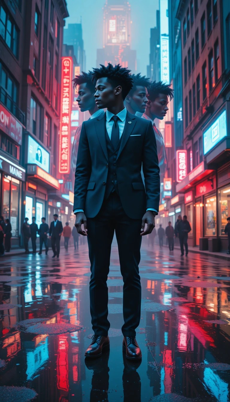 Surreal multi exposure man in neon San Francisco street