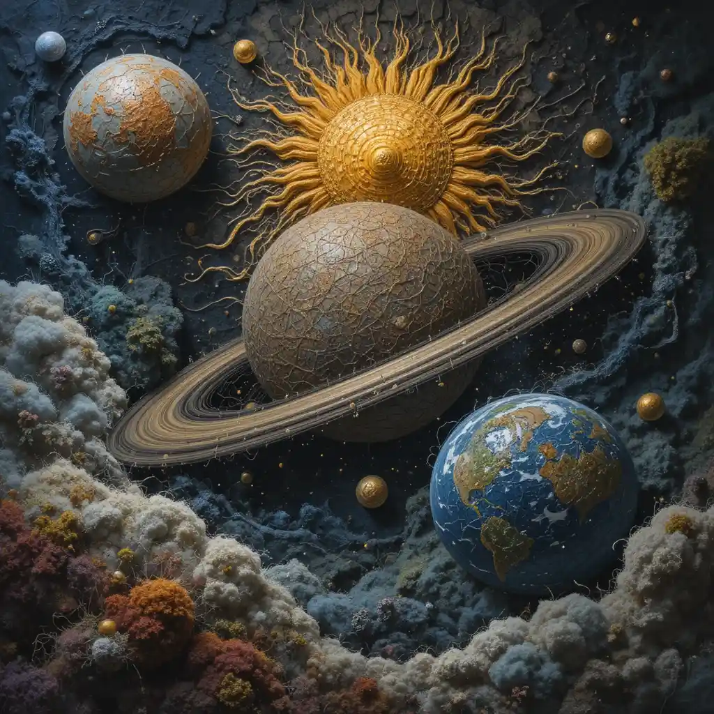Visión onírica tejida de Saturno, el Sol y la Tierra