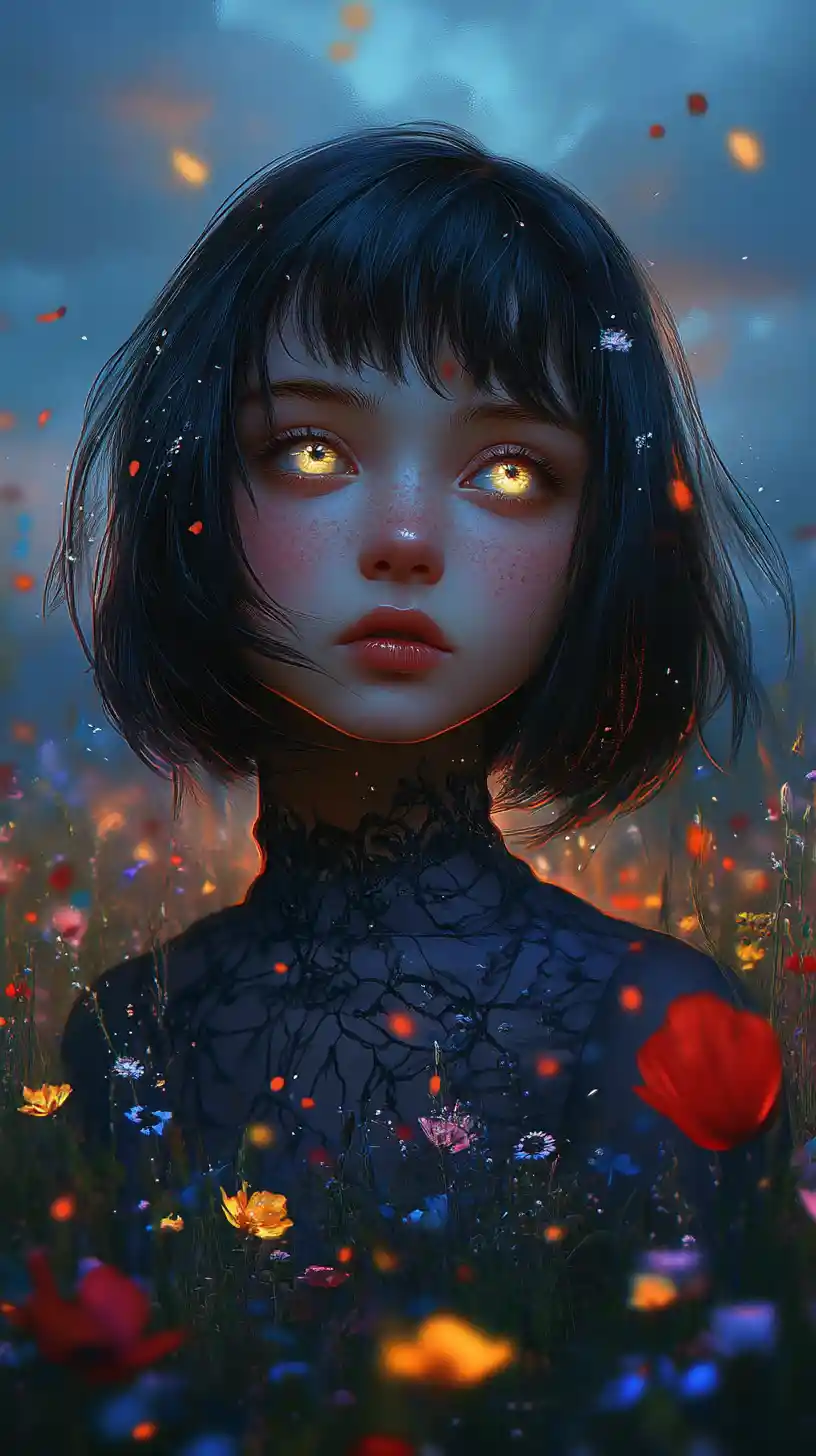 Melancholic girl glowing softly in a twilight flower field