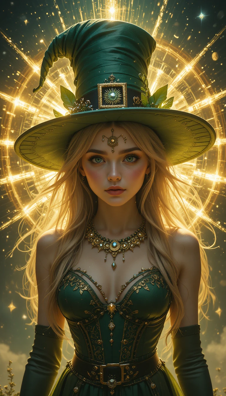 Whimsical female leprechaun with radiant starburst aura