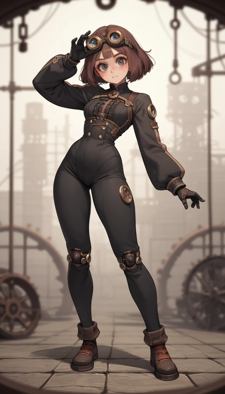 Anime woman in split pose with steampunk city background