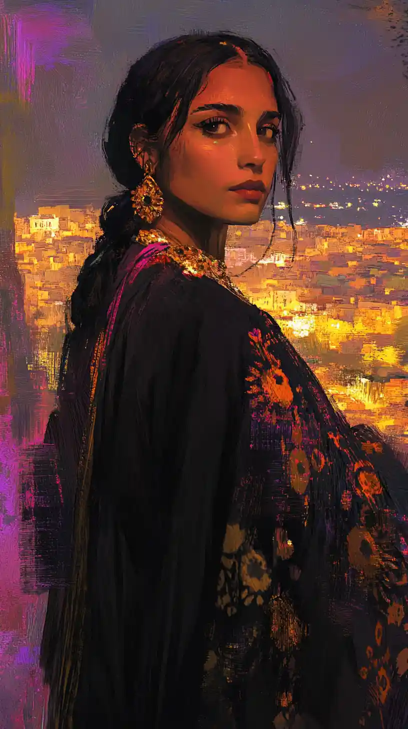 Algerian woman in black karakou at sunset above the city