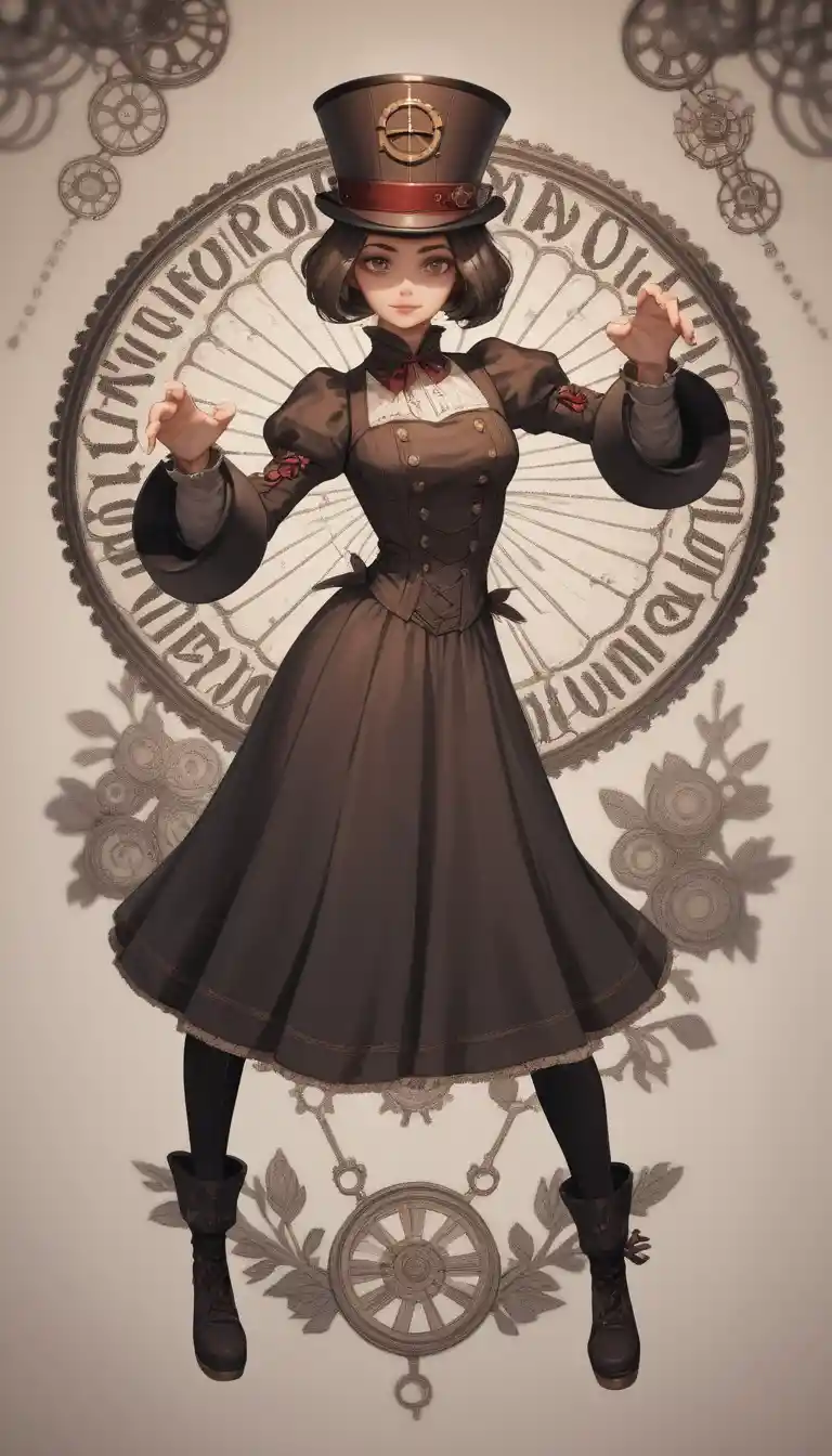 Anime woman in split pose before steampunk cityscape