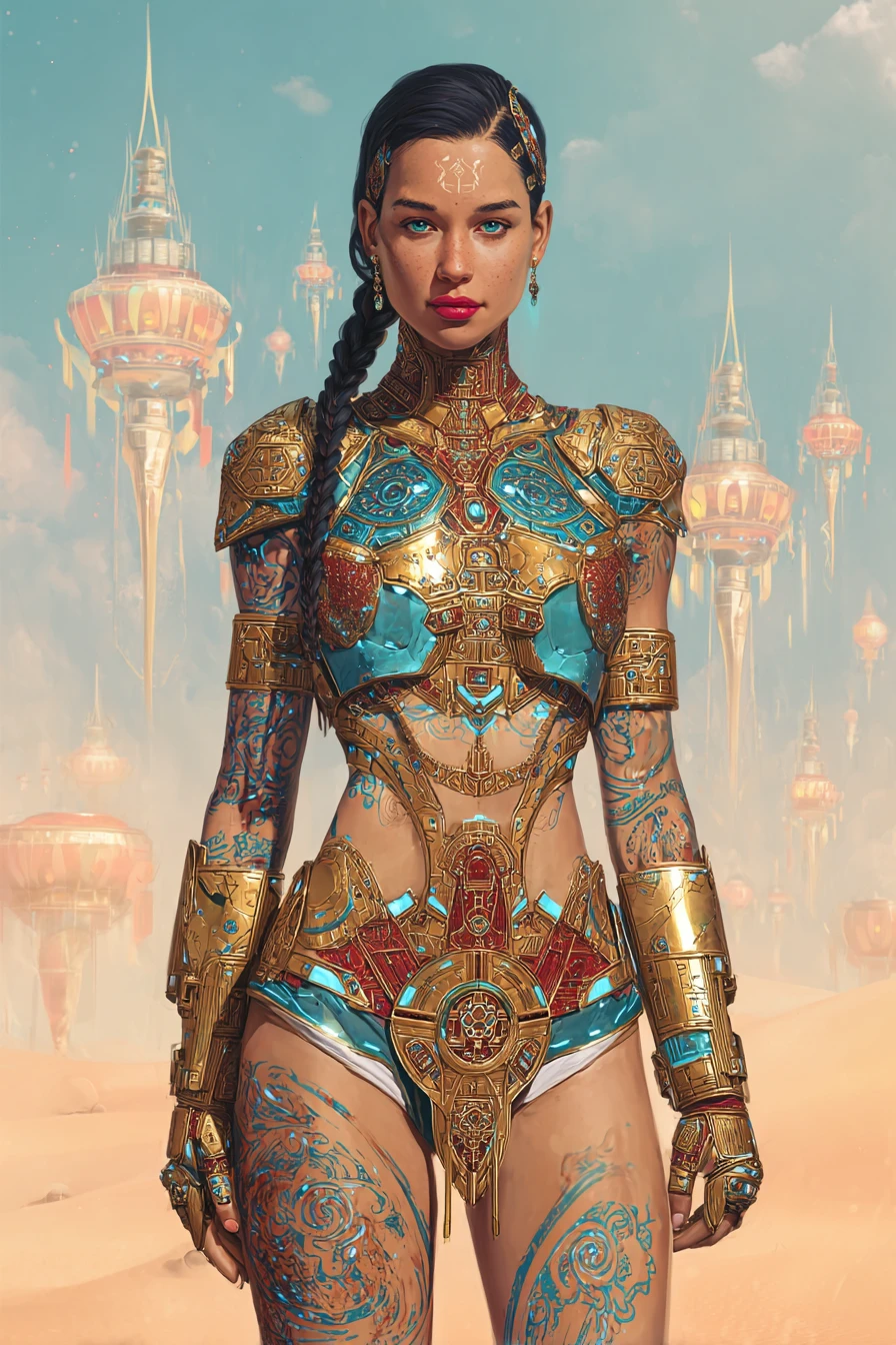 Arabian sci fi warrior woman under twin moons