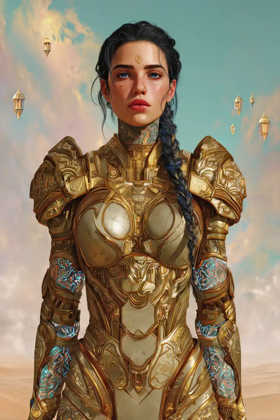 Arabian warrior woman in neon desert oasis under moons