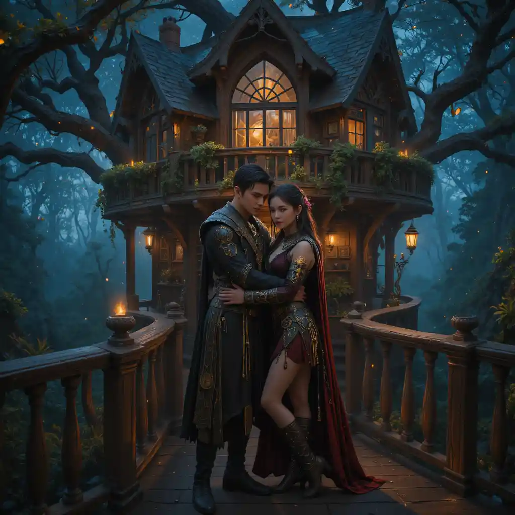 Fantasy couple embracing on a tavern treehouse terrace
