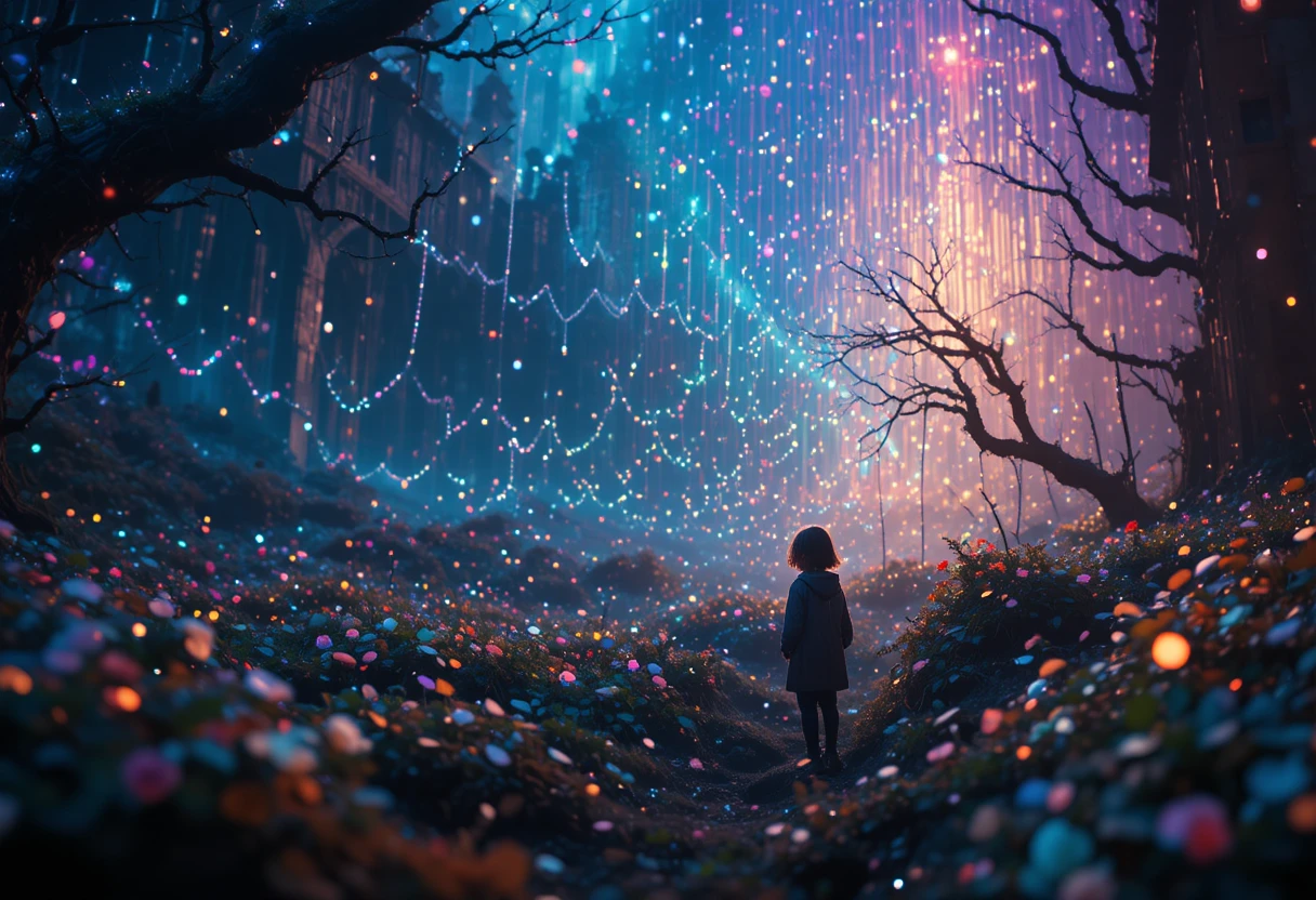Dreamlike iridescent lights over a surreal gothic landscape