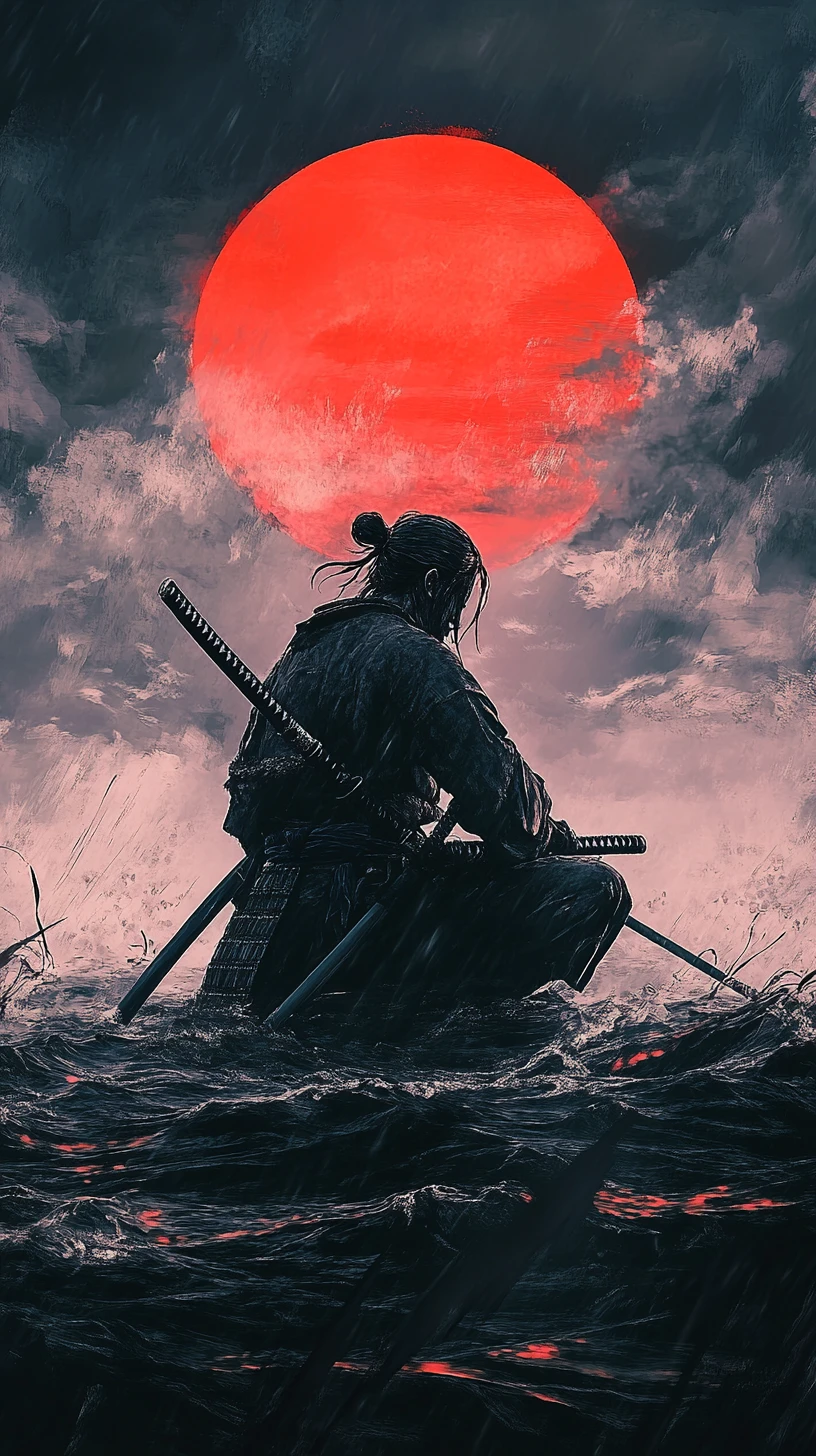 Lone samurai kneeling before a stormy sea and red sun