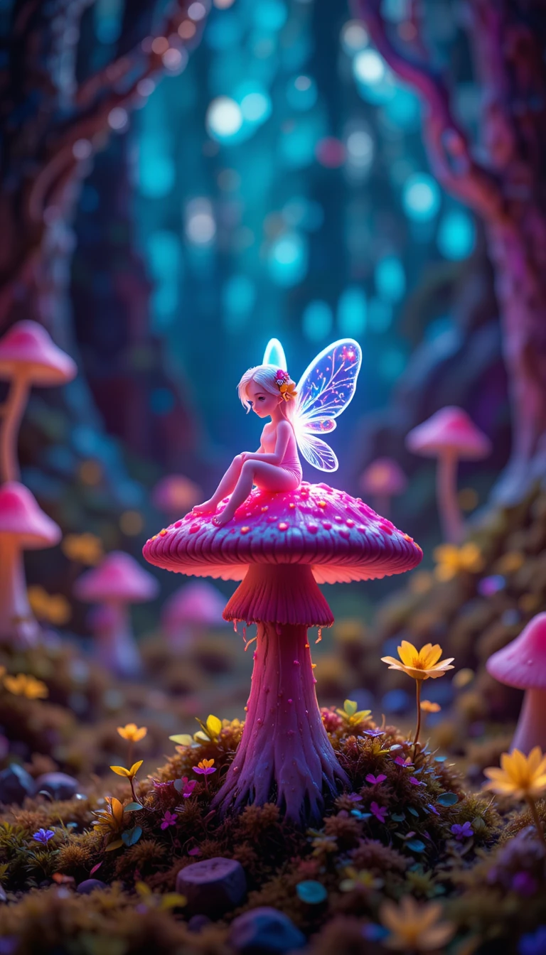 Minuscule fée néon se reposant dans un champ de champignons lumineux