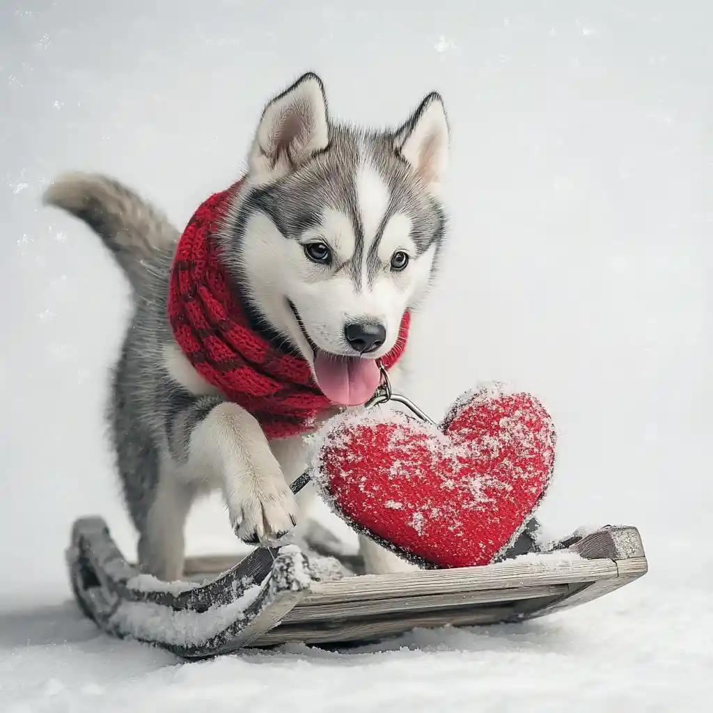 Adorable perro husky tirando de un trineo con forma de corazón en la nieve