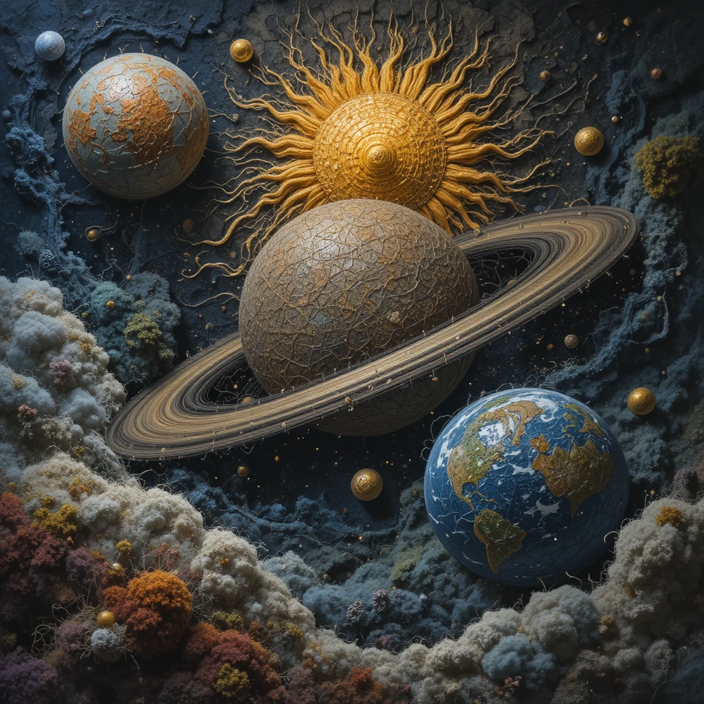 Visión onírica tejida de Saturno, el Sol y la Tierra