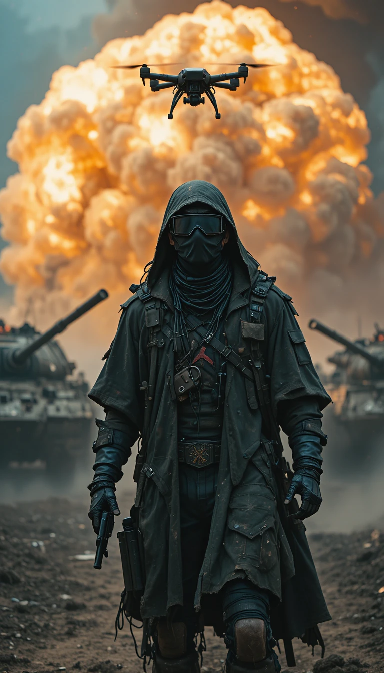 Masked tech soldier amid ash and erupting battlefield flames