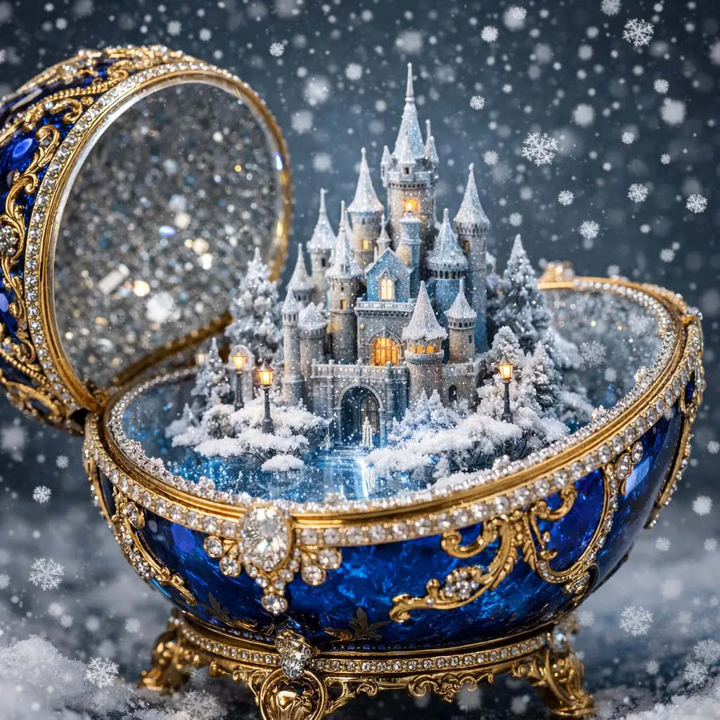Opened faberge style egg revealing snowy miniature castle