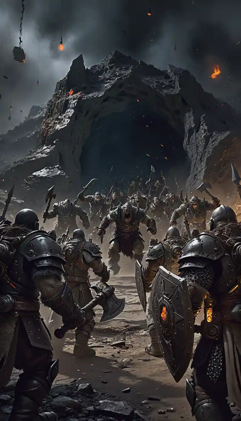 Dwarven warriors confront raging orc horde in ruined wasteland