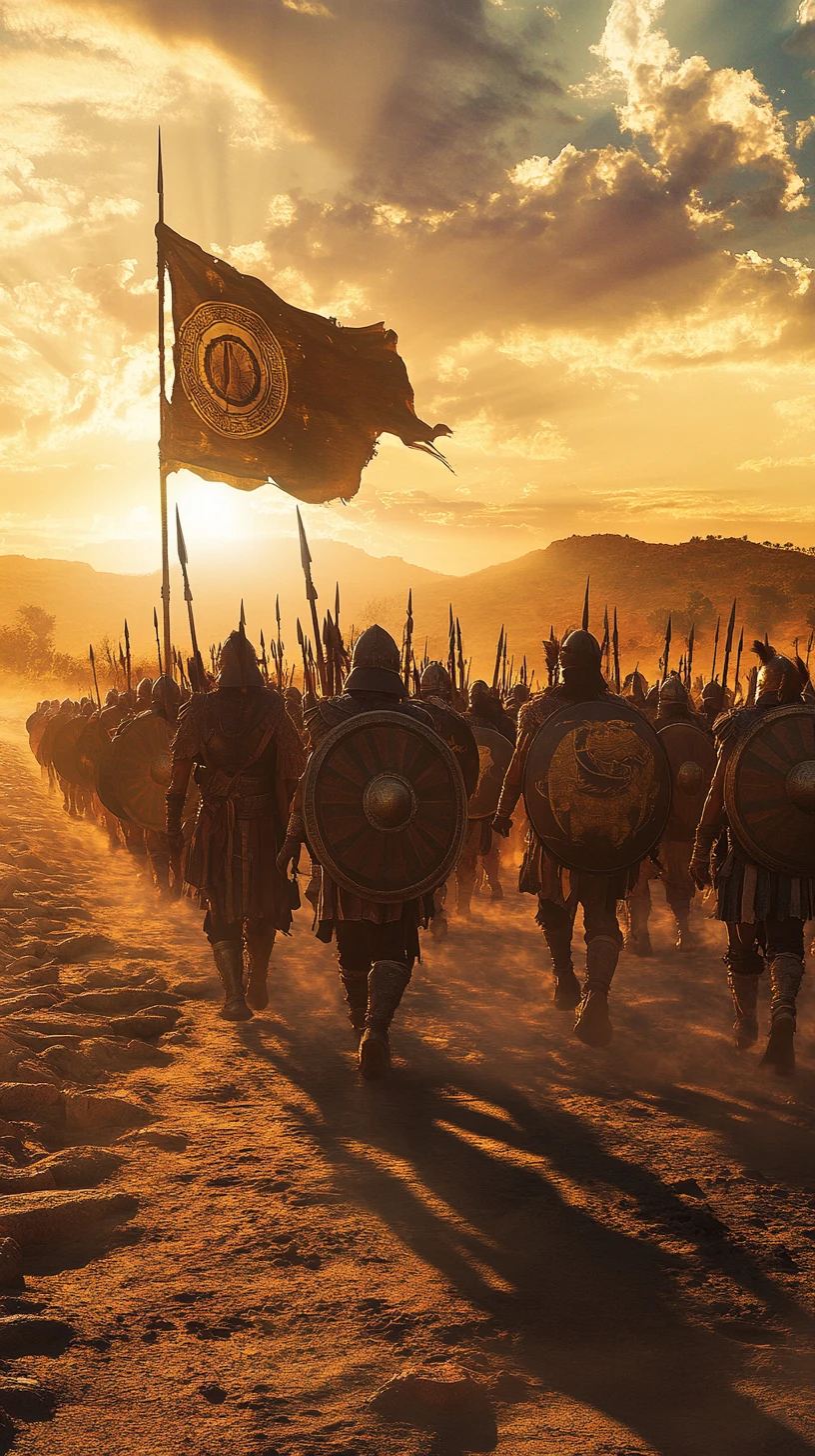Guerrieri numidi in marcia attraverso un deserto luminoso al tramonto