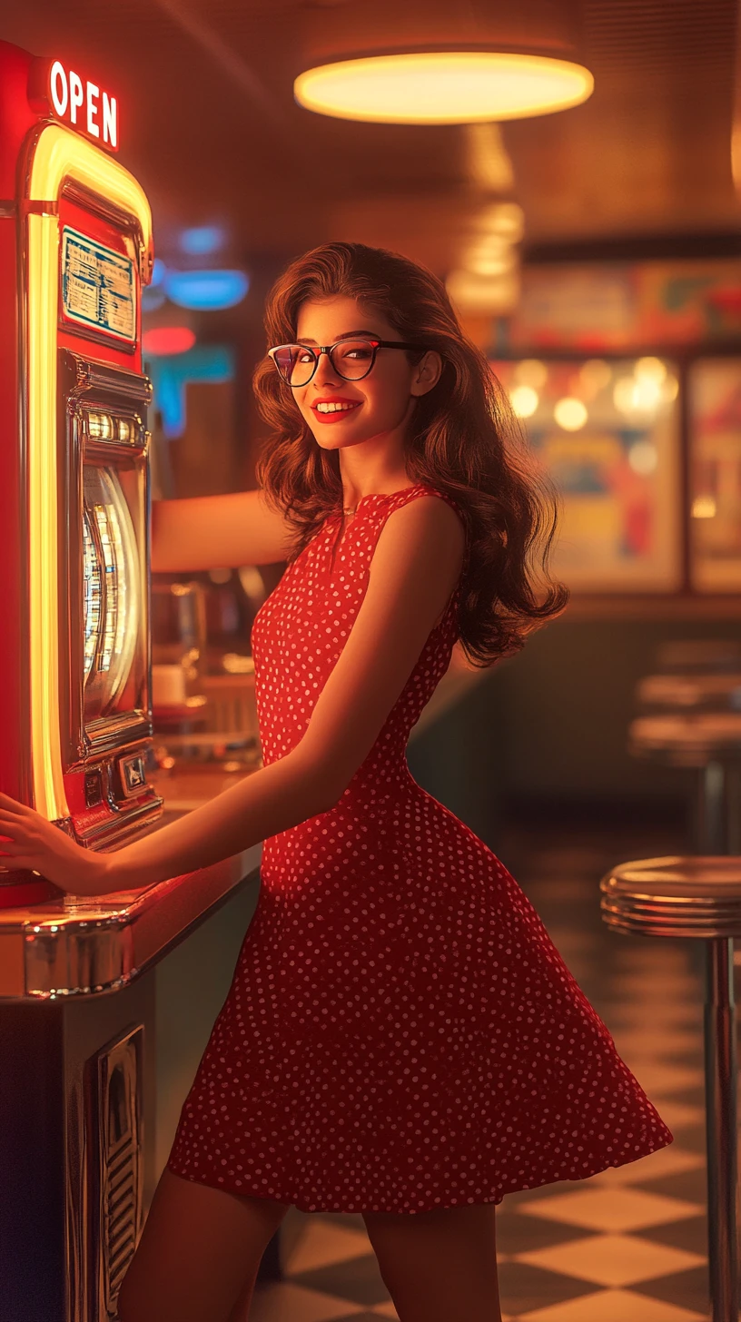 Mulher sorridente ao lado de uma jukebox em uma lanchonete retrô clássica