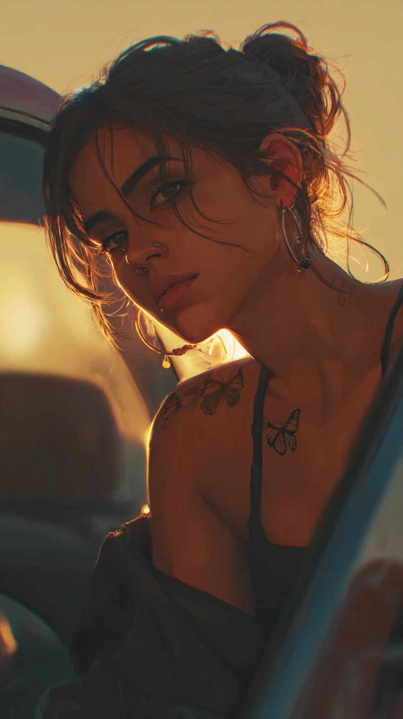 Latina woman leaning on a car in anime realism sunset