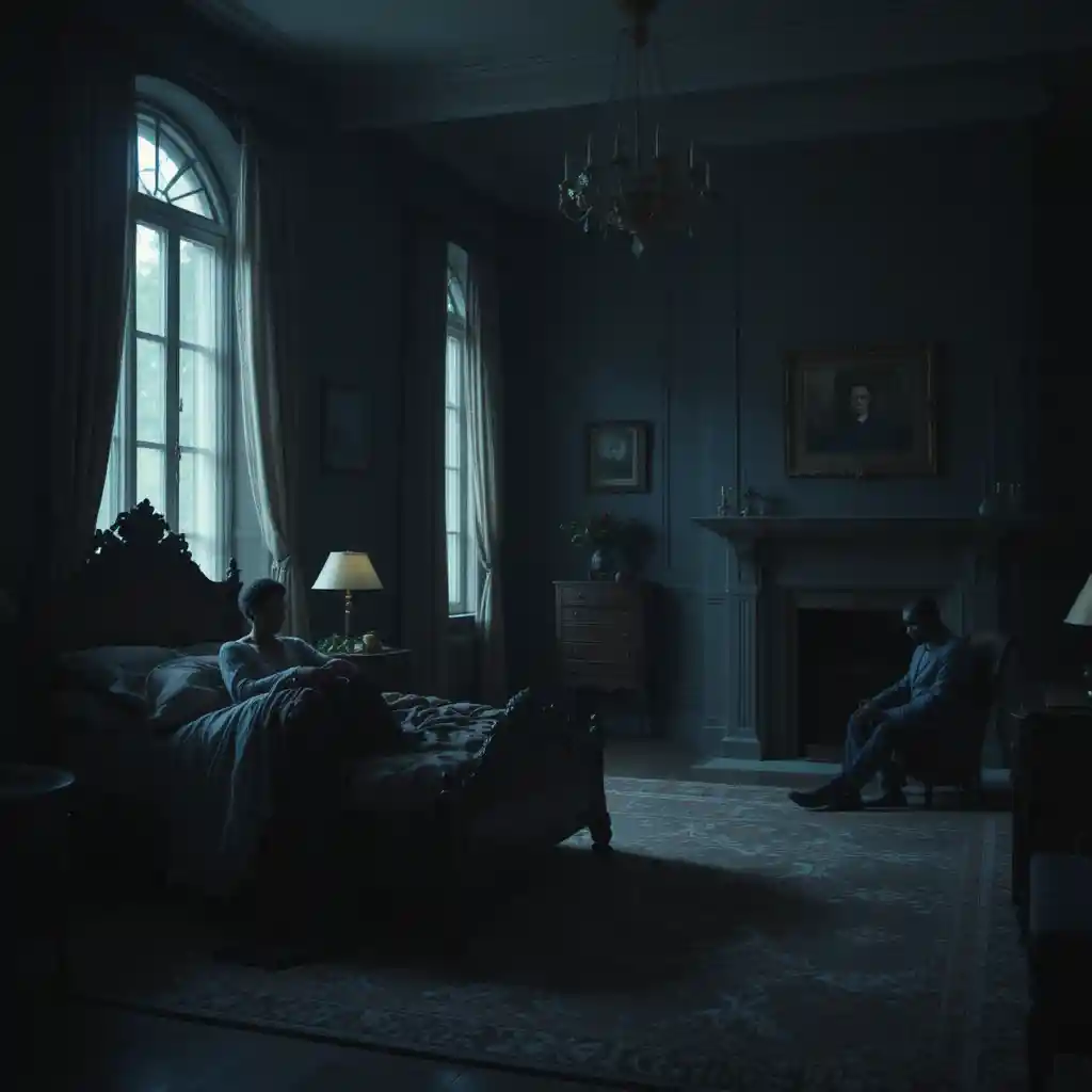 Mother alone at night in a mansion bedroom
