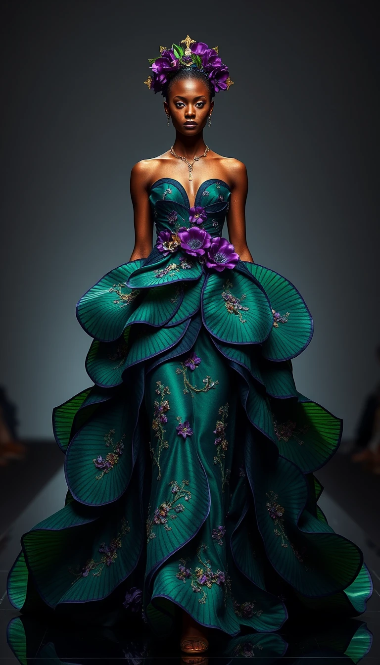 Afrofuturistic woman in emerald floral couture runway gown