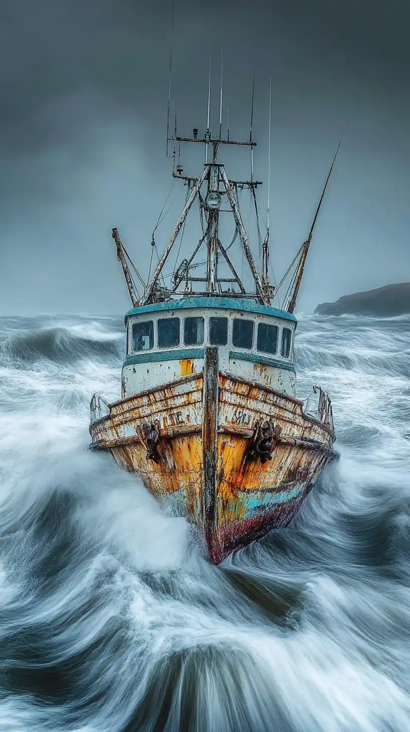 Colorful fishing boat in a stormy sea near rocky shore