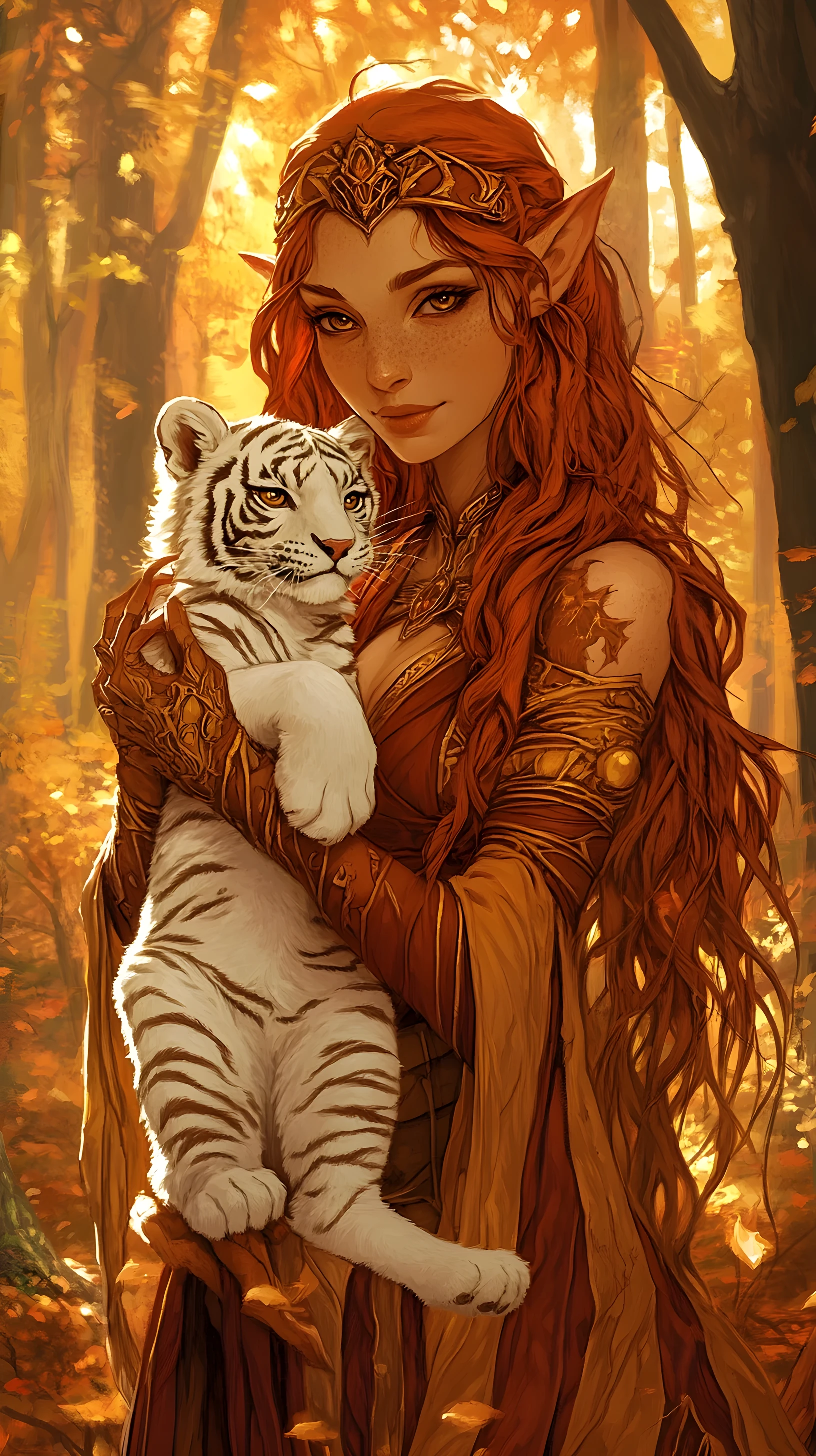 Elf priestess holding a white tiger cub in autumn forest