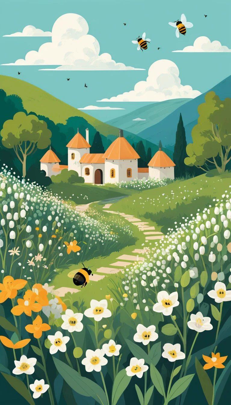 Flat illustration of wildflowers and beehives in a garden