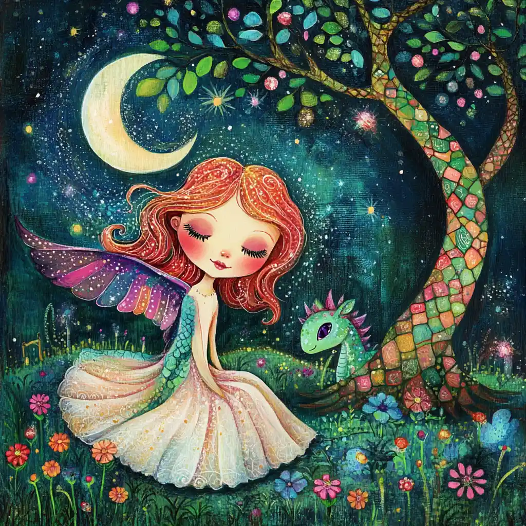 Pink fairy dancing in a glowing emerald night meadow