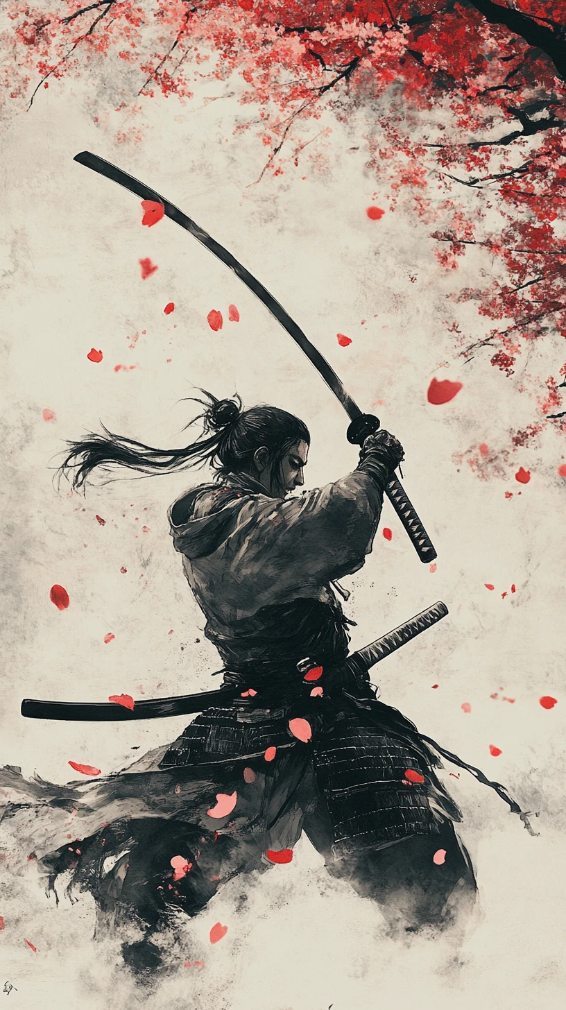 Samurai in meditation raising katana amid cherry blossoms