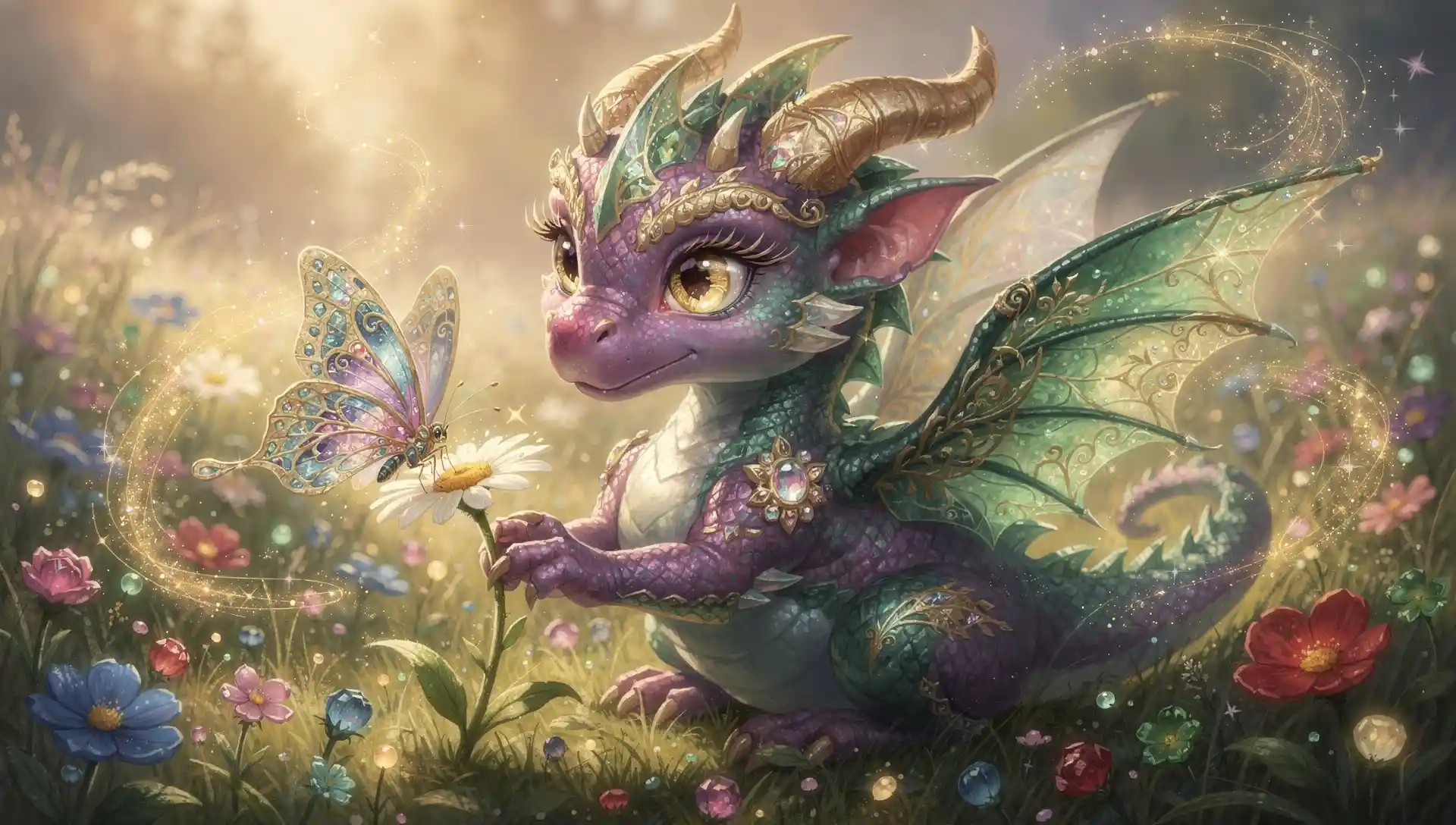 Baby dragon with glowing wings in an enchanted meadow