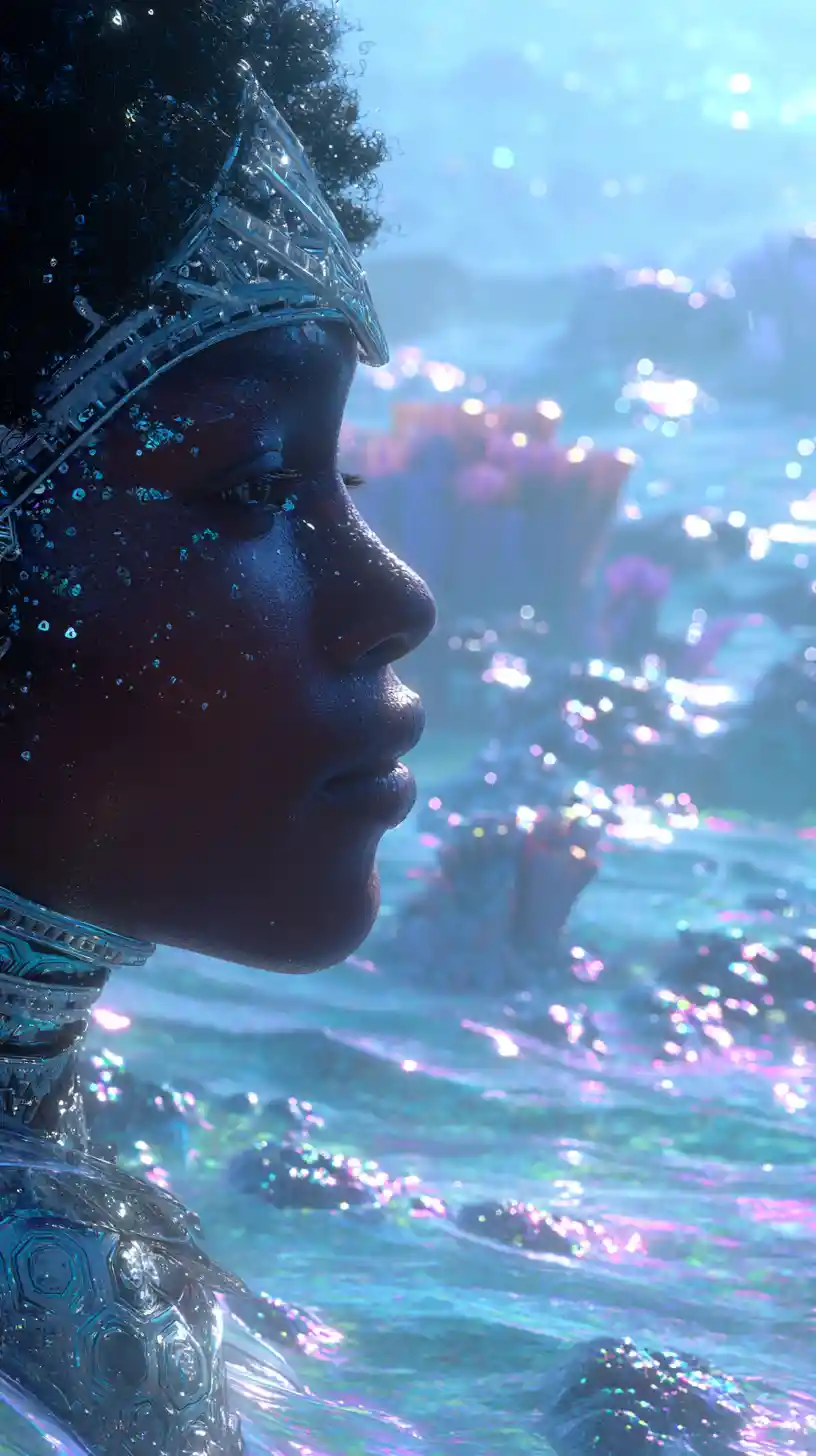 Afrofuturistic woman merging with a glowing ocean horizon