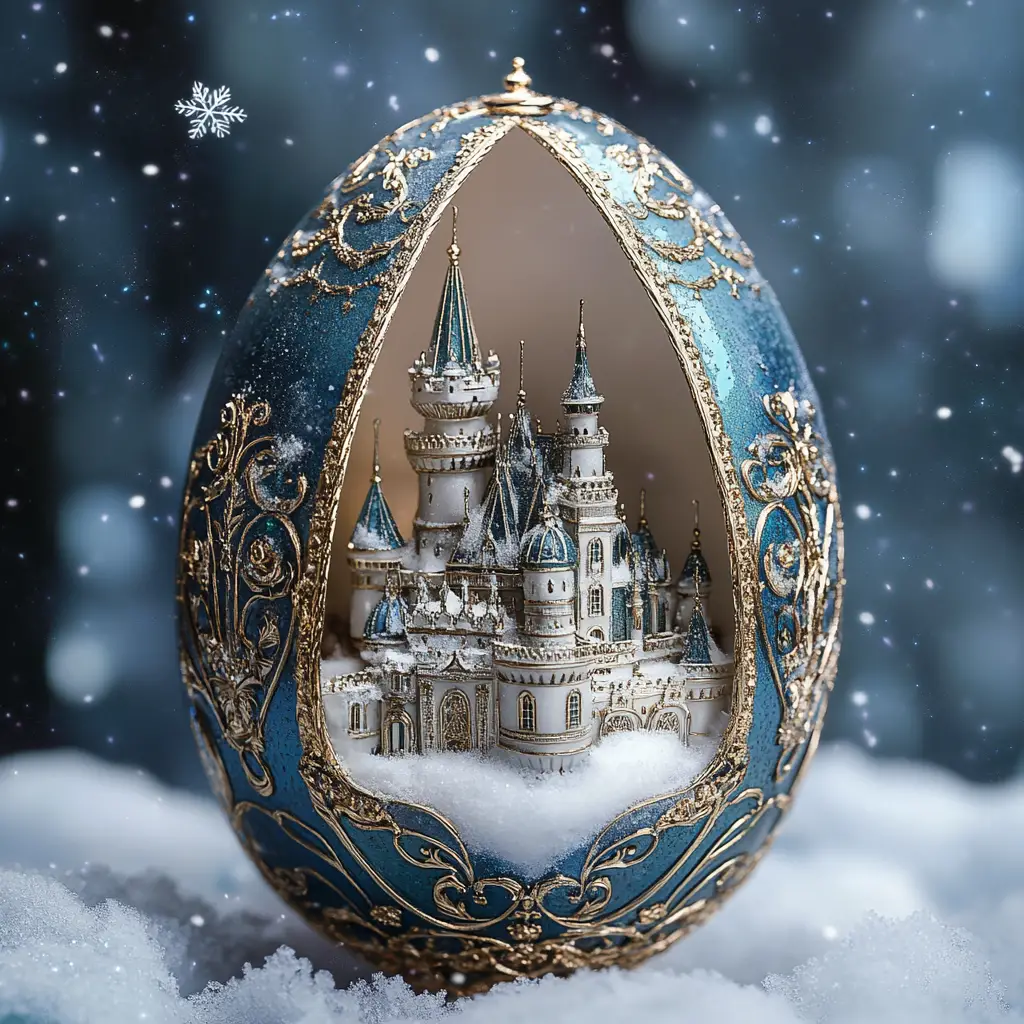 Huevo estilo Fabergé con mini castillo de nieve en su interior