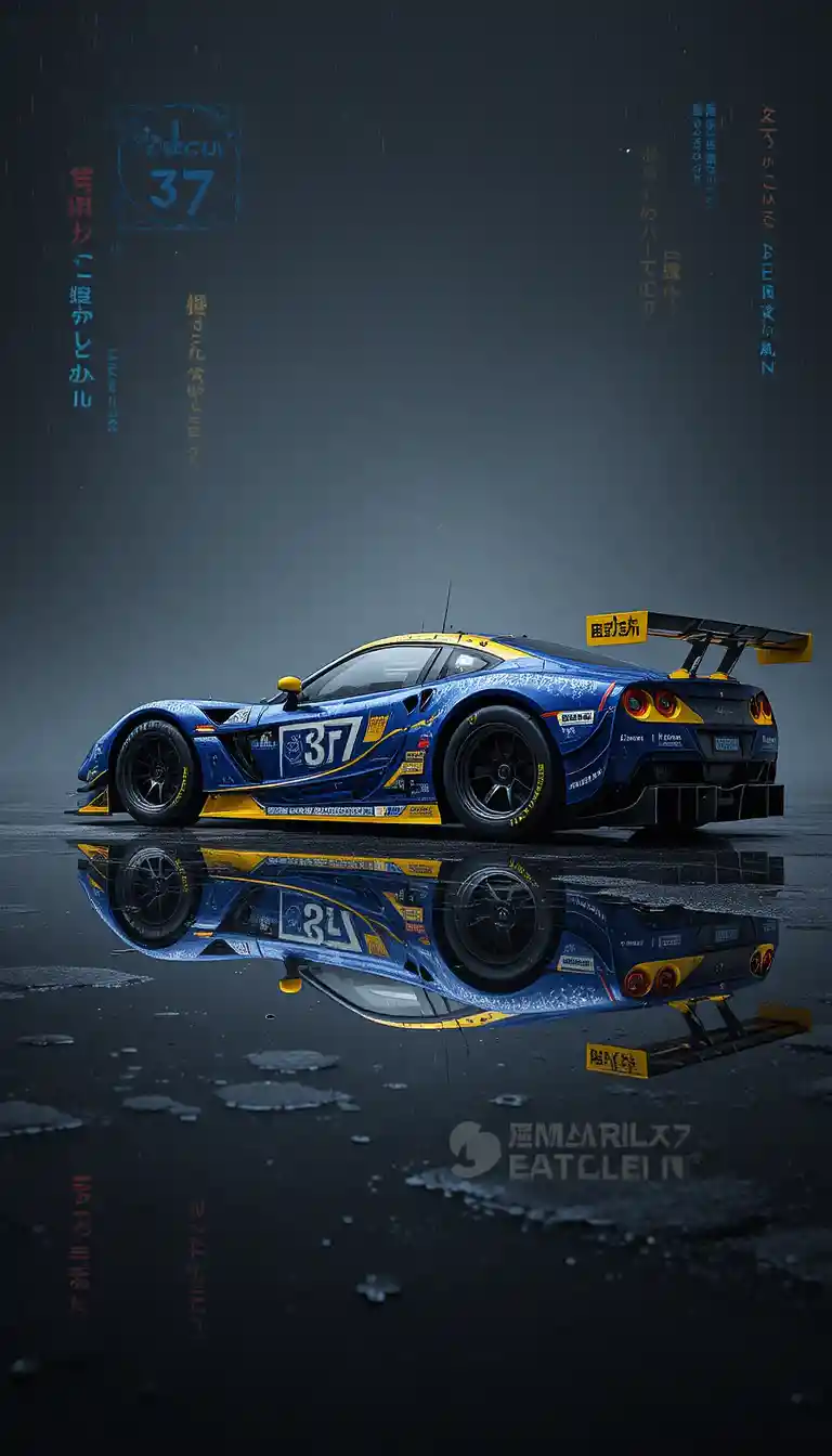 Blue and yellow racing car side view on wet reflective track